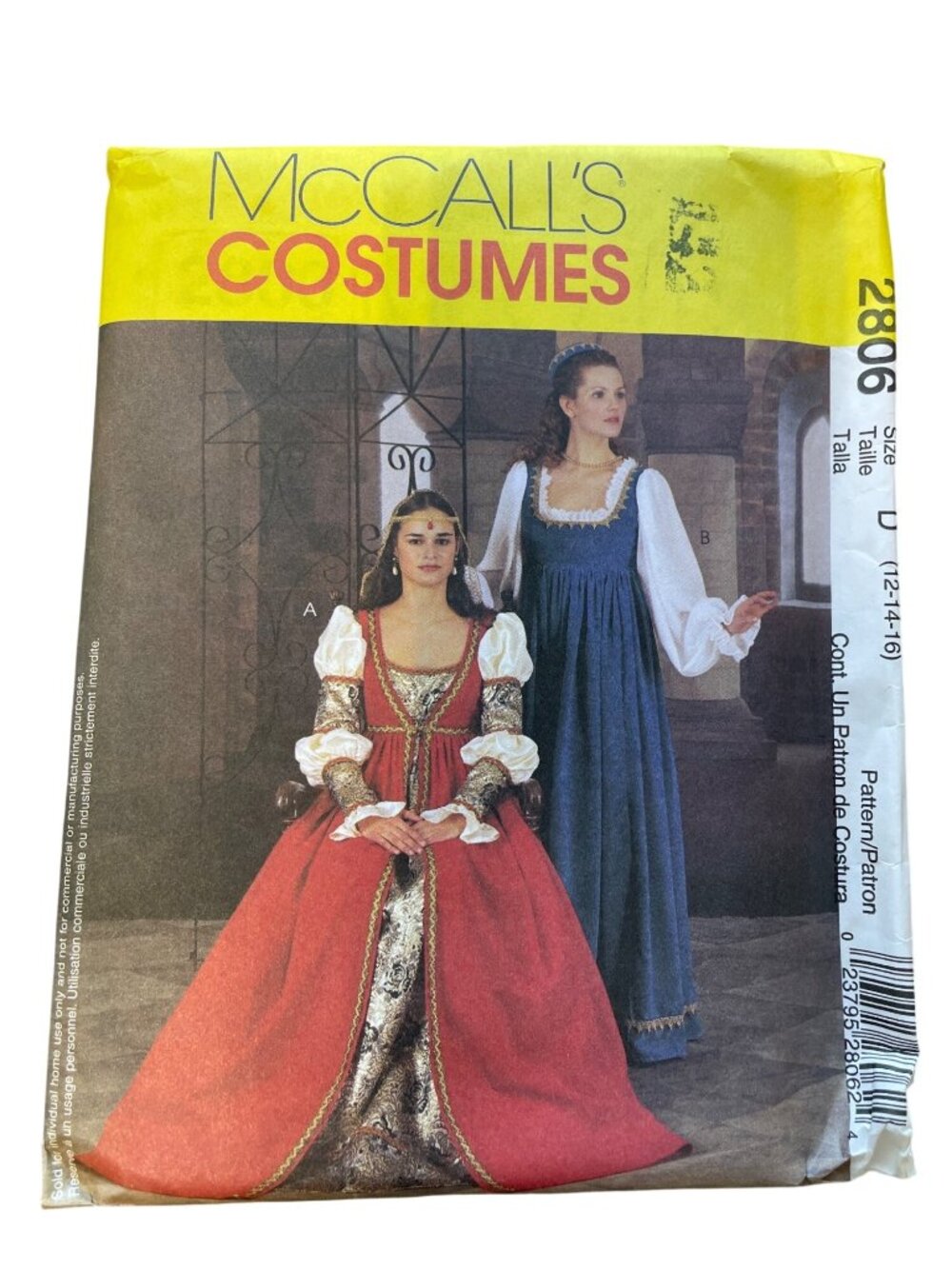 McCalls 2806 Sewing Pattern Size 12-16 Queen Renaissance Costume Used CUT